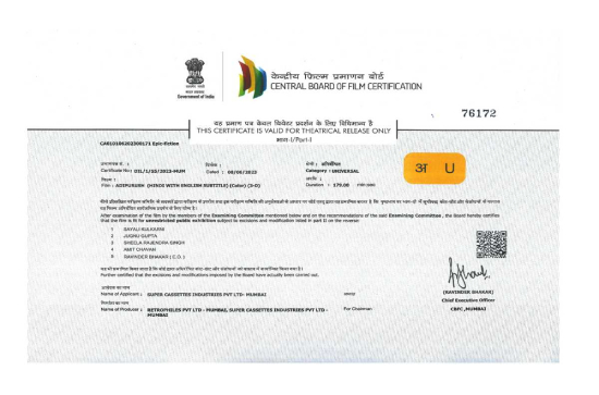 Censor Board gives Adipurush a ‘U-Certificate’- making It a Prathi Bharatheeyudi Cinema